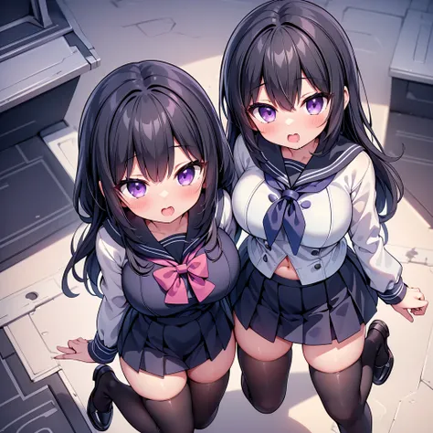 highest quality,wonderful,finely,extremely detailed CG Unity 8K wallpaper, (2 girls, Black Hair, Purple Eyes, cute eyes, long hair, sailor uniform, clothed), (huge breasts), (open mouth:1.1), (long tongue:1.1), (mouth drool:1.1), (black stockings:1.1),(Thi...