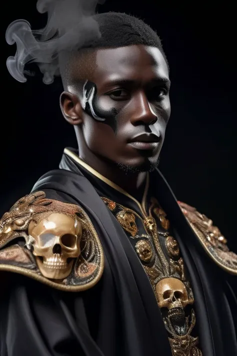 male soccer player standing sideways, black skin, brown hair, parted hair, wearing elaborate robe.half-body-shot, masterpiece, p...