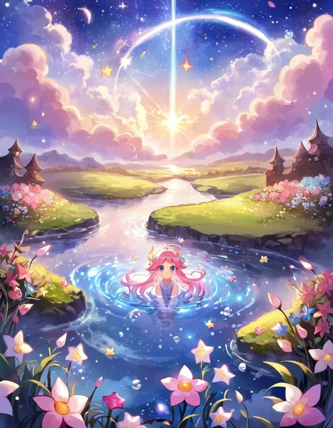 ethereal fantasy concept art of pink girl goes into a dream, fantastical and mystical world. The sky is dyed a deep blue-violet, with stars twinkling above. clouds drift slowly, occasionally emitting bursts of colorful light. On the ground, there are trans...