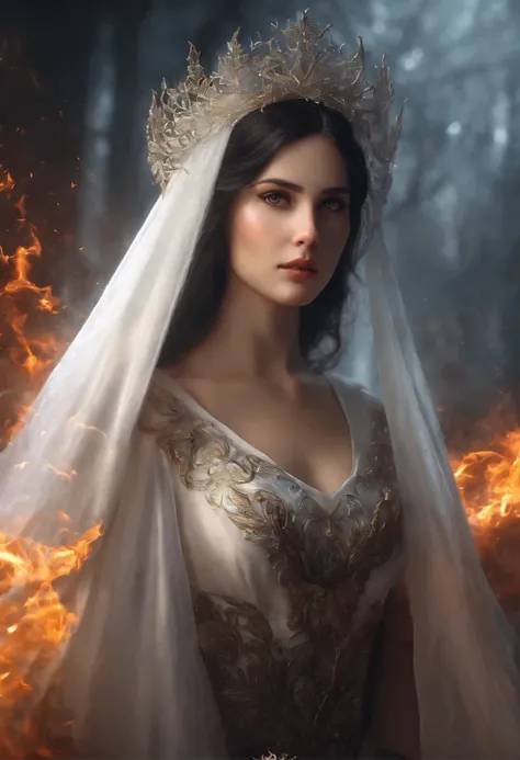 (best quality), (masterpiece), (Reality), Girl&#39;s upper body close-up, 1 girl, Black Hair, Long hair, White Veil, Lightning dendrites, Delicate eyes, beautiful facial features, Surrounded by flames, Game CG, Ultra Detailed