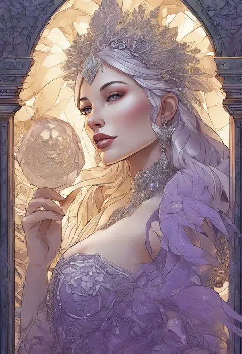 Realism, painting, Fantastic fairy tale, fantastic style, John Tolkien style, small painting by Jean-Baptiste Mo, Close-up. 
Diamonds + glass beads +beads+ filigree jewelry+ Lush large open female bust + lack of clothes + sensual princess Rapunzel + cleava...