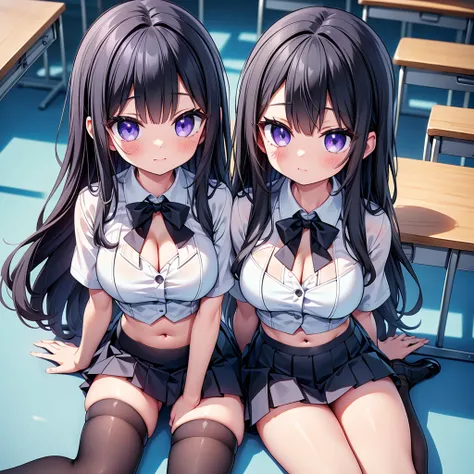 (cute eyes:1.2), (sparkling eyes:1.2), (8K、Best image quality、highest quality、masterpiece)、Detailed face、(2 girls)、Improve、(Black Hair, Purple Eyes, long hair), (skinny body:1.3), (midium breasts:1.1)、((White collared shirt))、(cleavage cutout:1.2), (crop t...