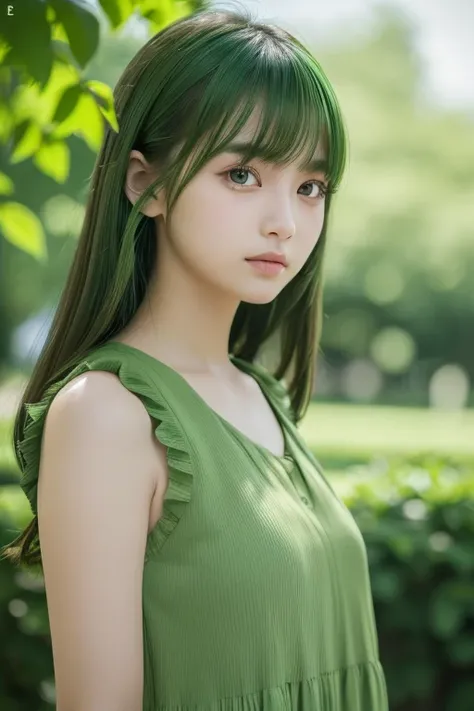 (((Green world:1.3)))、Best Quality, masutepiece, High resolution, (((1girl in))), sixteen years old,(((Eyes are green:1.3)))、Green dress、((Green shirt:1.3、Green Block Dress)), Tindall Effect, Realistic, Shadow Studio,Ultramarine Lighting, dual-tone lightin...