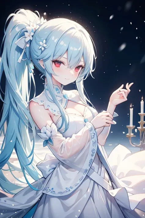 [[[ ultra-detailed, best quality, soft skin, beautiful, 4K]]] high definition, cyan hair, silky hair, red eyes, long hair, ponytail, royal clothes, fit body, snowy palace, white flower hairpin, princess, smirking