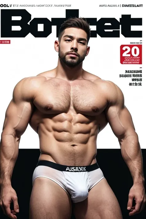 (magazine cover), with text, solo, 1boy, (Huge Muscular Old man as a undies ) (short hair, 2tone hair color, two tone hair colors, black and white hair color), pectoral, abnormal muscle size, very big muscle, legs open, absurdly muscle size, huge pectoral,...