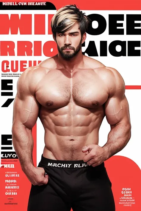 (magazine cover), with text, solo, 1boy, (Huge Muscular Old man as a undies ) (short hair, 2tone hair color, two tone hair colors, black and white hair color), pectoral, abnormal muscle size, very big muscle, legs open, absurdly muscle size, huge pectoral,...