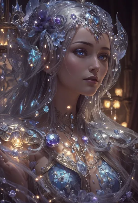 Realism, painting, Fantastic fairy tale, fantastic style, John Tolkien style, small painting by Jean-Baptiste Mo, Close-up. Diamonds + glass beads +beads+ filigree jewelry+ Lush large open female bust + lack of clothes + sensual princess Rapunzel + cleavag...