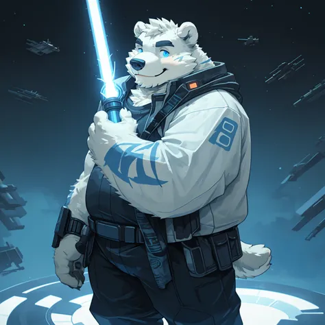 New Jersey 5 Furry，polar bear，Exquisite，portrait，standing solo，holding blue lightsaber，Chubby，Fat，Thick arms，Rugged muscles，White plush fur，Chubby脸，Black eyebrows，Sky blue eyes，Beard，Star Wars background，High-tech spaceship，Cyberpunk clothes，Puffy pants，Gl...