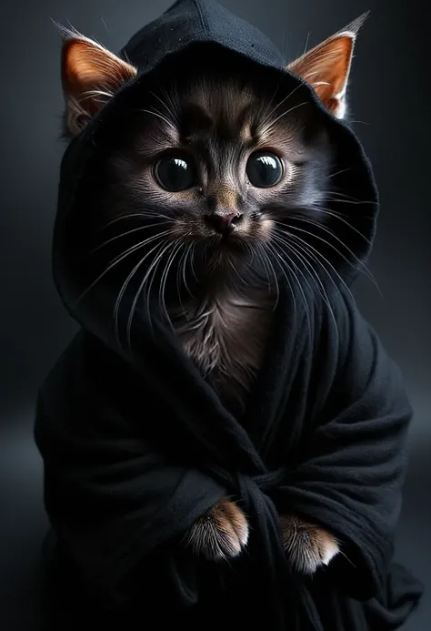 create the most realistic death in a black robe in pitch black darkness holding real little kitten you can create,