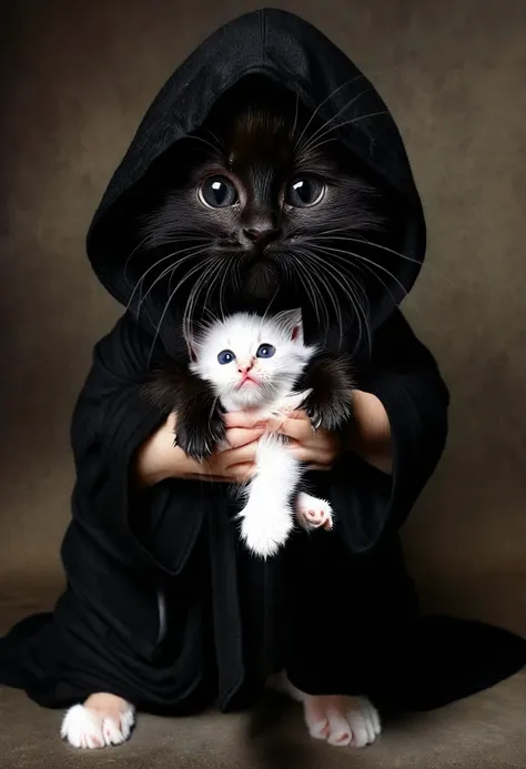 create the most realistic death in a black robe in pitch black darkness holding real little kitten you can create,