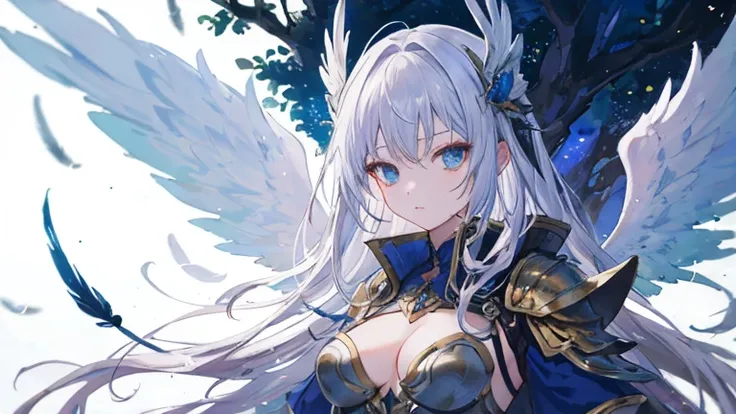 ((best quality)), ((masterpiece)), (detailed), Perfect face，Woman dressed in futuristic clothing，Standing in front of a big tree，Feather wings behind, Archangel Knight，girl, Armor Girl, 穿着机甲网络装甲的girl, 十二生肖girl的骑士, Mechanized Warrior Girl, Anime Fantasy Art...