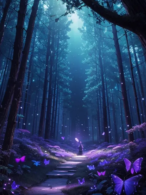 A whimsical depiction of bioluminescent Bright violet Transparent butterflies in a dark forest, evoking a fairy tale setting with a hint of magic, 3D, detailing, best quality 