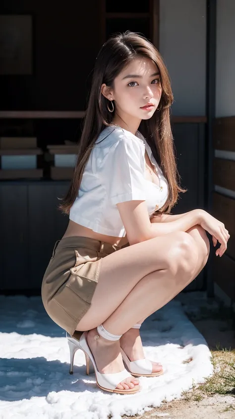 18 year old female, Masterpiece:1.4, long brown hair, (squatting:1.4), On heels, legs spread apart.), gigantic bust:1.5, buttocks sexy hips, necklace, cute earrings, White short-sleeved shirt with button-down collar., Tight skirt, lace bra:1.3, black stile...