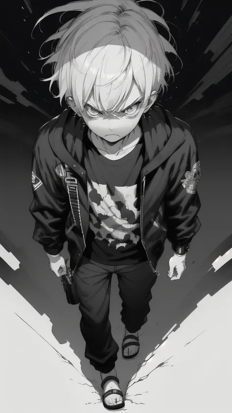 1 boy, (super detailed, high res, super detailed, top quality, awesome, top quality, very detailed CG Unity 8k), pov, looking at viewer, cool boy, full body, boy wearing casual clothes, (angry), angry, glaring, cool, stylish, ((monochrome))