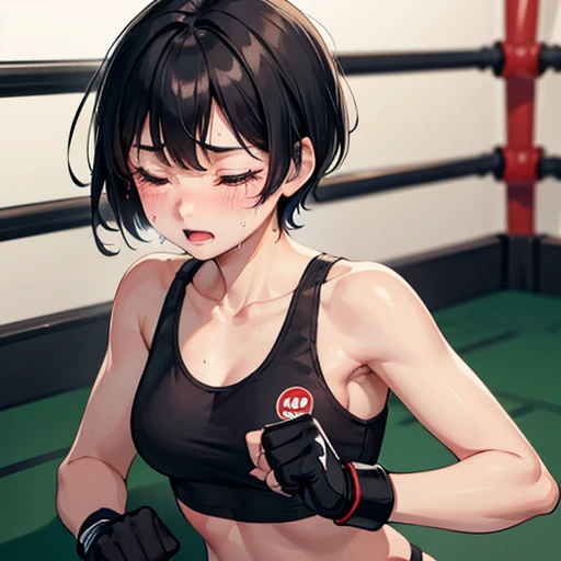 She is crying with her eyes closed. Lying on her face down in the mma ring. Down.  Cute Japanese high school girl with short-cut black hair. Mixed martial arts gym. She is sparring in the ring. Tank top, spats, open finger gloves. Very sweaty, slender body...