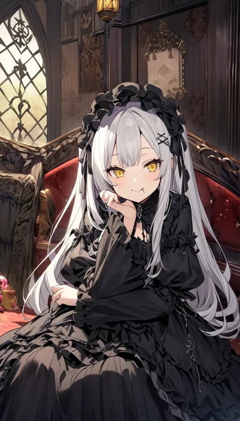 She has long white hair, yellow eyes, a diamond-shaped black hairpin, wears a gothic lolita outfit with lots of frills, is eating delicious sweets in a gothic patterned room, her right hand is holding a candy, her left hand is resting on her cheek, she is ...