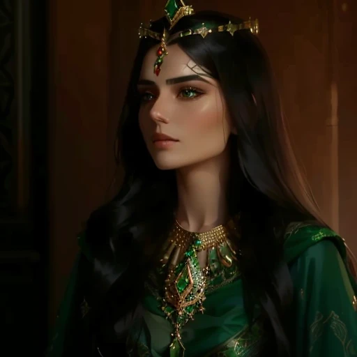 woman in green dress and gold necklace, Ancient Princess Libu, & her facial expression is solemn, inspired by Altun Sultan, Dorn, wear a crown and green cape, Maya Ali в рекламе&warlock, looks like ebru sahin, emerald tiara and necklace, Persian queen, May...