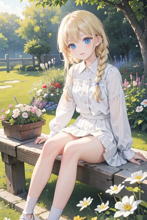 masterpiece, highest quality, High resolution, 1 17-year-old girl、blue eyes、
blonde,  Braid, White shirt, Check skirt, White panties、garden、flower bed、grass、Sitting with legs crossed