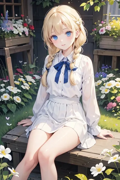 masterpiece, highest quality, High resolution, 1 17-year-old girl、blue eyes、
blonde,  Braid, White shirt, Check skirt, White panties、garden、flower bed、grass、Sitting with legs crossed