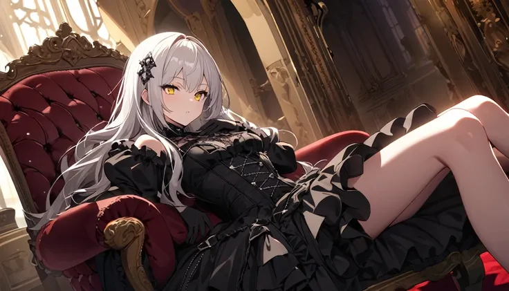 Long white hair, yellow eyes, diamond-shaped black hairpin, wearing a gothic  outfit with lots of frills, she is lying on a luxurious antique chair in a gothic patterned room, gorgeous canopied silk bed in the background, low angle,