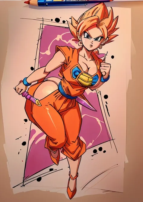 DreamShaper, drawing of a woman with a red outfit and a weapon, saiyan girl, high quality colored drawing, female goku, Dragon Ball Z Style, colored drawing, bunny lola fanart, painted and colored, dragon ball style, tough pose, high quality fanart, Cutese...