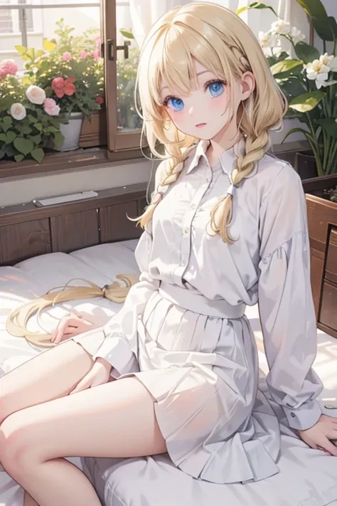 masterpiece, highest quality, High resolution, 1 17-year-old girl、blue eyes、
blonde,  Braiding, White shirt, Check skirt, White panties、garden、Western-style room、futon、Lie down with your legs stretched out