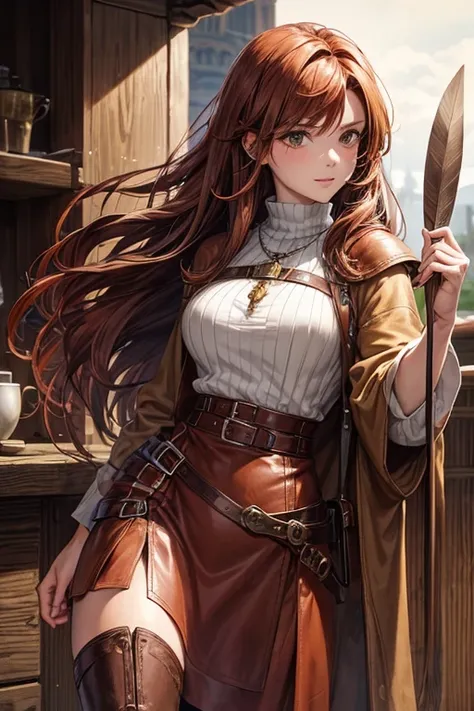 40 year old woman with long, spiky reddish brown hair, long messy hairstyle with fringes, medieval merchant clothing, brown eyes holding a feather fan, brown leather belt, brown leather belt boots, medieval city background with magic symbols