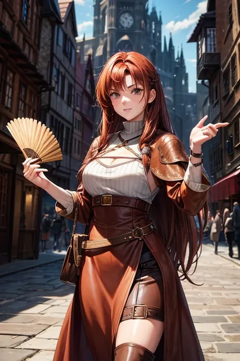 40 year old woman with long, spiky reddish brown hair, long messy hairstyle with fringes, medieval merchant clothing, brown eyes holding a feather fan, brown leather belt, brown leather belt boots, medieval city background with magic symbols