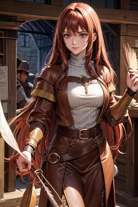 40 year old woman with long, spiky reddish brown hair, long messy hairstyle with fringes, medieval merchant clothing, brown eyes holding a feather fan, brown leather belt, brown leather belt boots, medieval city background with magic symbols