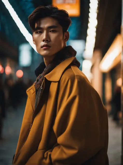 style fashion photo of a korean man model in random streer wearing a trend jacket in style cinematic lightning