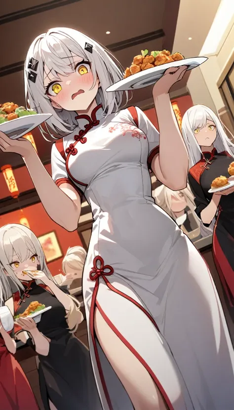 Long white hair, yellow eyes, diamond-shaped black hairpin, wearing a Chinese dress, carrying food as a waitress in a fancy Chinese restaurant, low angle, disgruntled face, gorgeous Chinese food on a white plate in each hand,