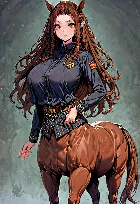 solo, female, sfw, medium shot, long wavy hair, brown hair, brown eyes, centaur girl, brown horse ears, huge breasts, scholar, modest clothes, autitorium, from the crotch up