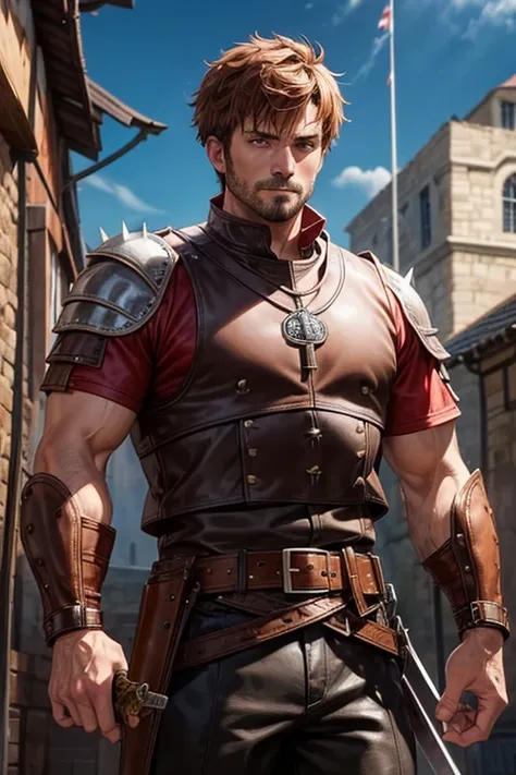 40 year old man with short spiky reddish brown hair, messy fringe hairstyle, medieval hunter clothing, brown eyes holding a sword muscular build, brown leather belt, brown leather belt boots, medieval city background with magic symbols