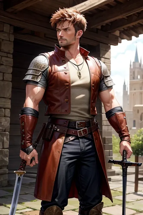 40 year old man with short spiky reddish brown hair, messy fringe hairstyle, medieval hunter clothing, brown eyes holding a sword muscular build, brown leather belt, brown leather belt boots, medieval city background with magic symbols