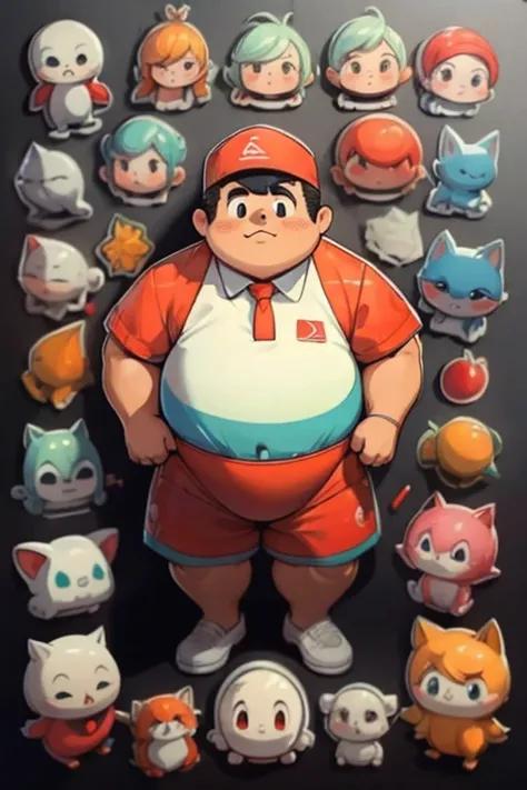 (((1 Chubby man with extremely thick thighs and large belly wearing only red swim trunks))), cartoon character of a with different expressions and expressions, design de personagem de alta qualidade, Design de personagem estilizado, design de personagens, ...