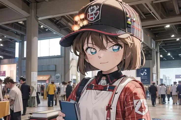 UHD, super detail, 1 Girl,10 years old, Haibara ai ,Brown Hair, Shortcuts, hat, mask,  (((comiket))), table, chair, book, indoors, photo background, indoors, wide shot, Tokyo Big Site