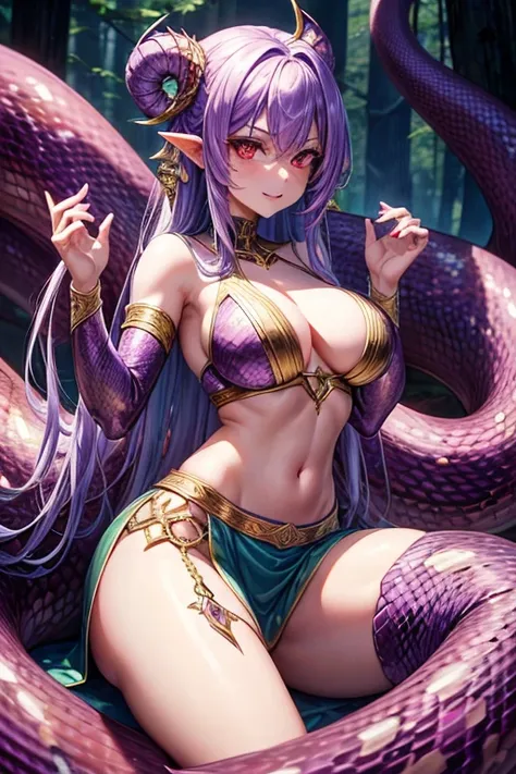 lamia woman half giant snake with purple scales decorated with golden runes from waist down red eyes sharp white fangs looking directly at viewer forest background rattlesnake with red stinger