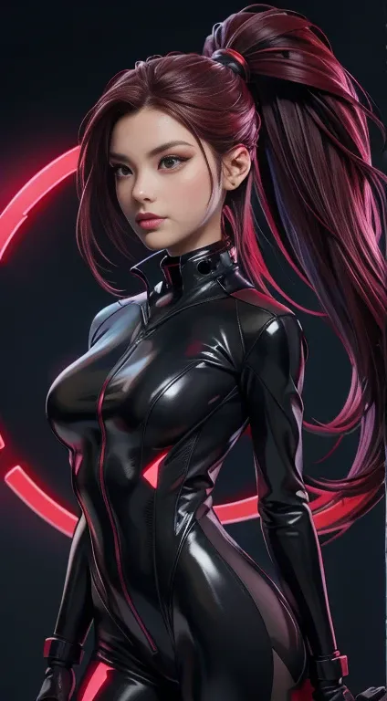 solo, super fine photo, portrait Unreal Engine 5 8K UHD of beautiful and cute girl, ponytail hair, dark red and black color scheme tight cybernetic latex catsuit, cybernetic glove, futuristic design, crimson neon lights details, beautiful make up, luxuriou...