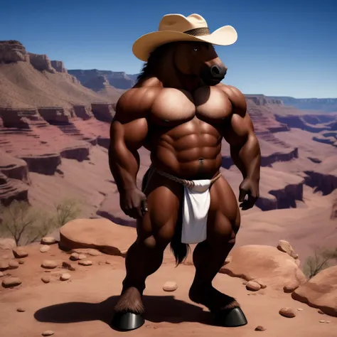 Furry, Antro, Male, [Horse color brown Oscuro Black] , Horse Tail, [Fundoshi Bulto Male Big], [Fundoshi BLANCO ajustado], loincloth, Solo, De Pie, [Bulto Male Big], Hooves , (Big Balls), Detallado 4k, cuerpo completo, cuerpo furry Marron dark, Grand Canyon...