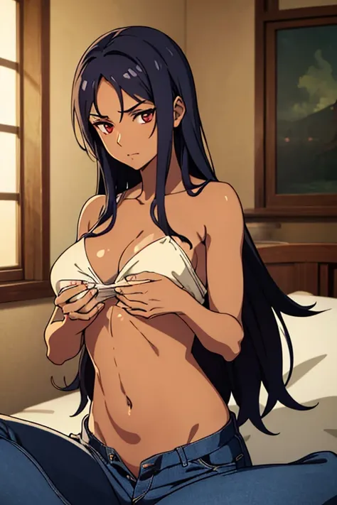 ((best quality)), ((masterpiece)), (detailed), dark tanned skin anime woman in a deep V-neck cami top, (jeans), (long hair), starving, (resting hands on the stomach), (hands on the stomach), (slim body), (shiny and oily skin)