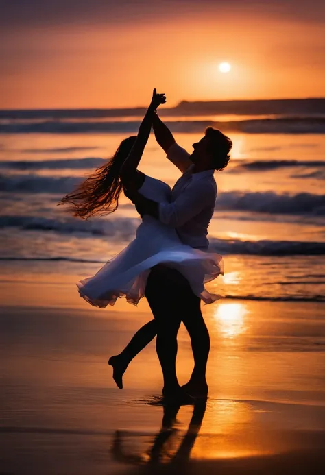 A couple  dancing in evening at beach. Where beautyful light ocean beach