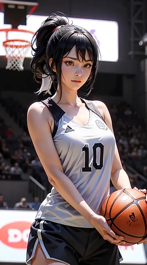 Shizune, long hair tied low, hair band, hana purple eyes, ponytail, beautiful, beautiful woman, perfect body, perfect breasts, wearing a basketball jersey, on the basketball court, holding a basketball, basketball hoop, looking at the audience, little smil...