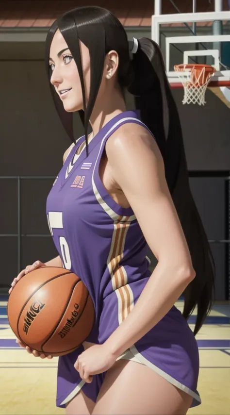 hyuuga hanabi, long hair tied low, hair band, hana purple eyes, ponytail, beautiful, beautiful woman, perfect body, perfect breasts, wearing a basketball jersey, on the basketball court, holding a basketball, basketball hoop, looking at the audience, littl...