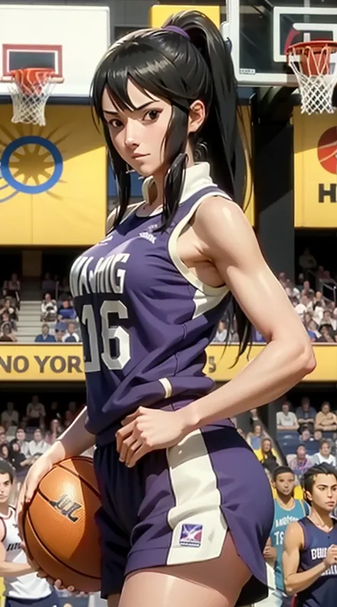 Shizune, long hair tied low, hair band, hana purple eyes, ponytail, beautiful, beautiful woman, perfect body, perfect breasts, wearing a basketball jersey, on the basketball court, holding a basketball, basketball hoop, looking at the audience, little smil...