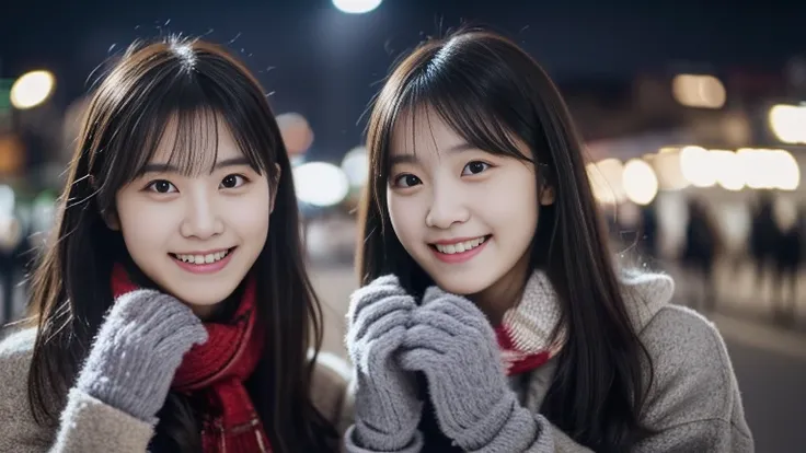 (Two long-haired girls with dull bangs in winter clothes and scarf coats.:1.5)、(A girl with a shy smile held a gift box in her hand with gloves.:1.5)、(winter snowing night street corner with christmas lights:1.5)、(perfect anatomy:1.3)、(no mask:1.3)、(Comple...