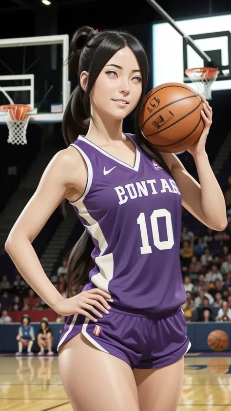 hyuuga hanabi, long hair tied low, hair band, hana purple eyes, ponytail, beautiful, beautiful woman, perfect body, perfect breasts, wearing a basketball jersey, on the basketball court, holding a basketball, basketball hoop, looking at the audience, littl...