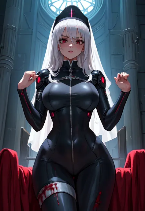 anime nun girl in a black bodysuit outfit in a gothic cathedra, nun outfit, nun, wearing shiny breastplate, cyberpunk, divine ra...