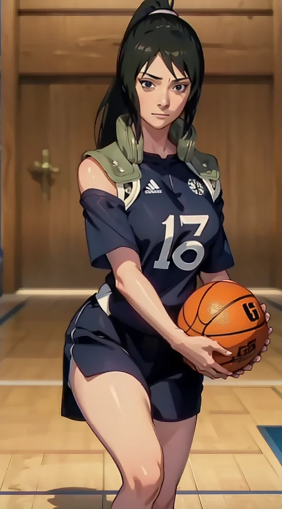 Shizune, long hair tied low, hair band, hana purple eyes, ponytail, beautiful, beautiful woman, perfect body, perfect breasts, wearing a basketball jersey, on the basketball court, holding a basketball, basketball hoop, looking at the audience, little smil...