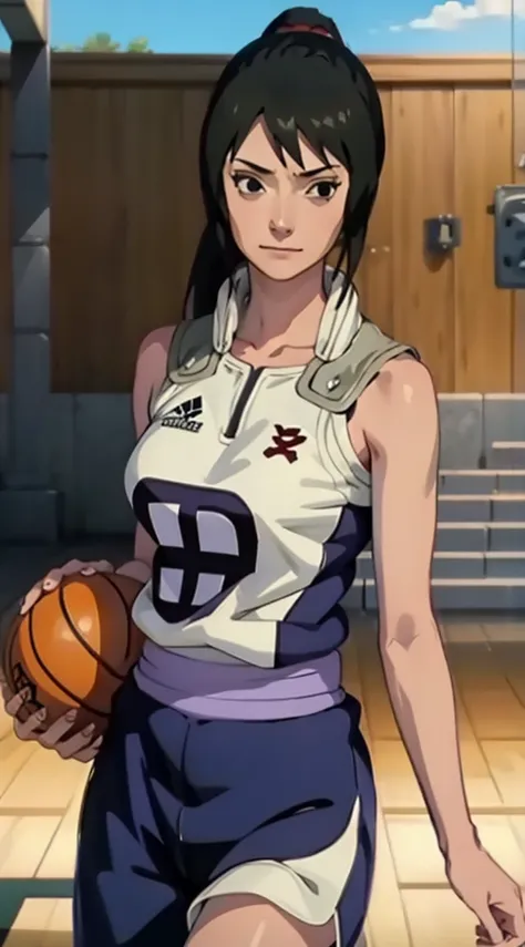 Shizune, long hair tied low, hair band, hana purple eyes, ponytail, beautiful, beautiful woman, perfect body, perfect breasts, wearing a basketball jersey, on the basketball court, holding a basketball, basketball hoop, looking at the audience, little smil...