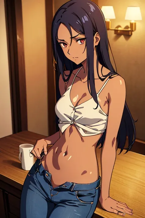 ((best quality)), ((masterpiece)), (detailed), dark tanned skin anime woman in a deep V-neck button-up cami top, (jeans), (long hair), starving, (resting hands on the stomach), (hands on the stomach), (slim body), (shiny and oily skin)